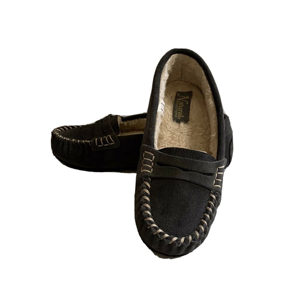 Natural Reflections Womens Moccasin Slippers Sz 8 Dk Gray Suede Faux Fur Lining